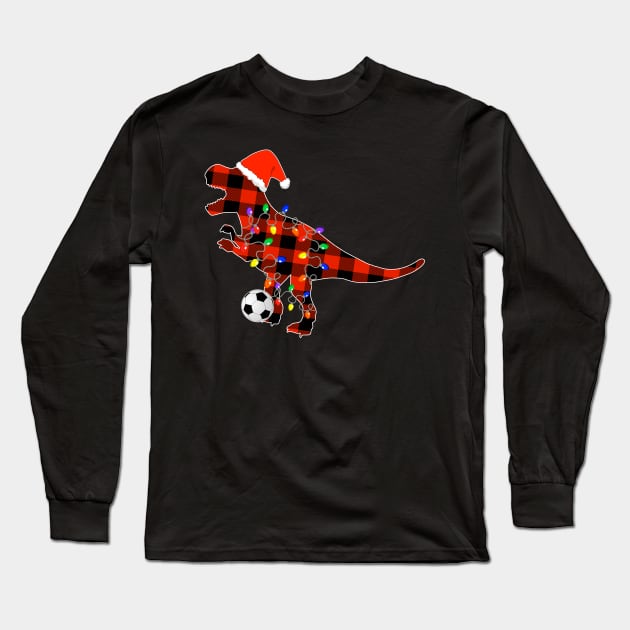 Soccer Christmas Red Plaid T Rex, Funny Santa Hat Pajamas Long Sleeve T-Shirt by Printofi.com